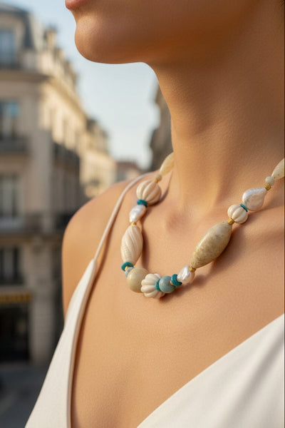 Zenaida Flat Biwa Pearl and Genuine Stone Mixed Bead Handmade Necklace
