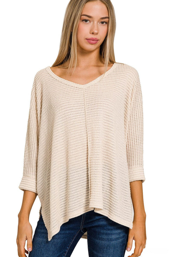 Zenana 3/4 Sleeve V-Neck Hi-Low Hem Jacquard Sweater