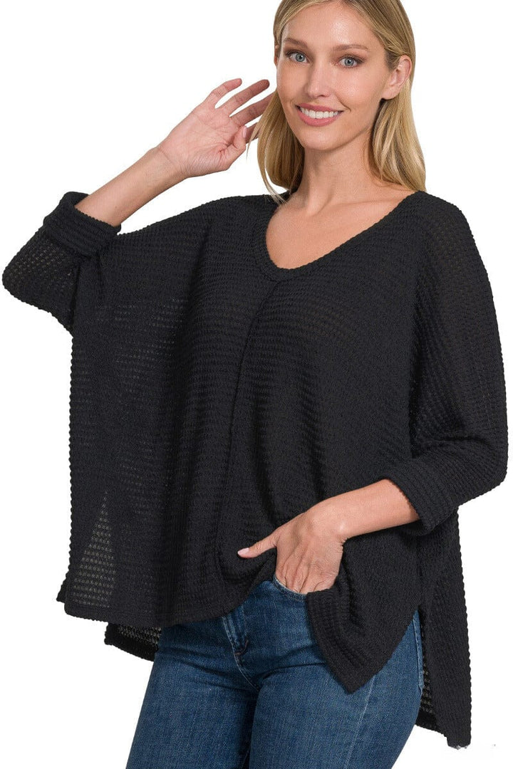 Zenana 3/4 Sleeve V-Neck Hi-Low Hem Jacquard Sweater