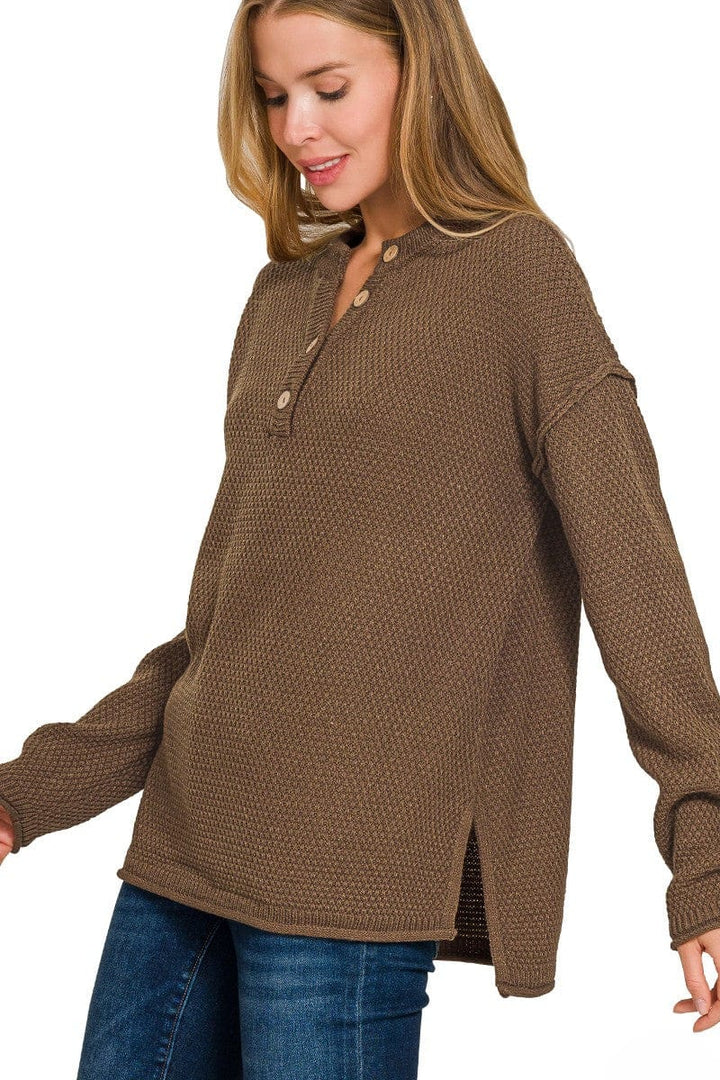 Zenana 4 Button Henley Neckline Waffle Sweater