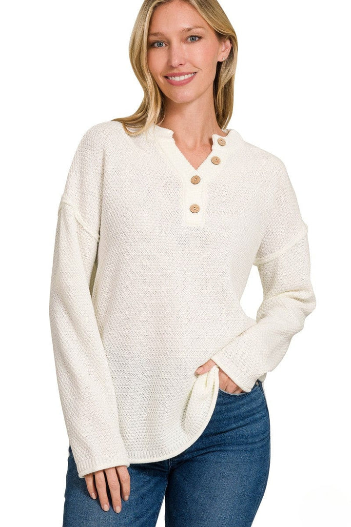 Zenana 4 Button Henley Neckline Waffle Sweater