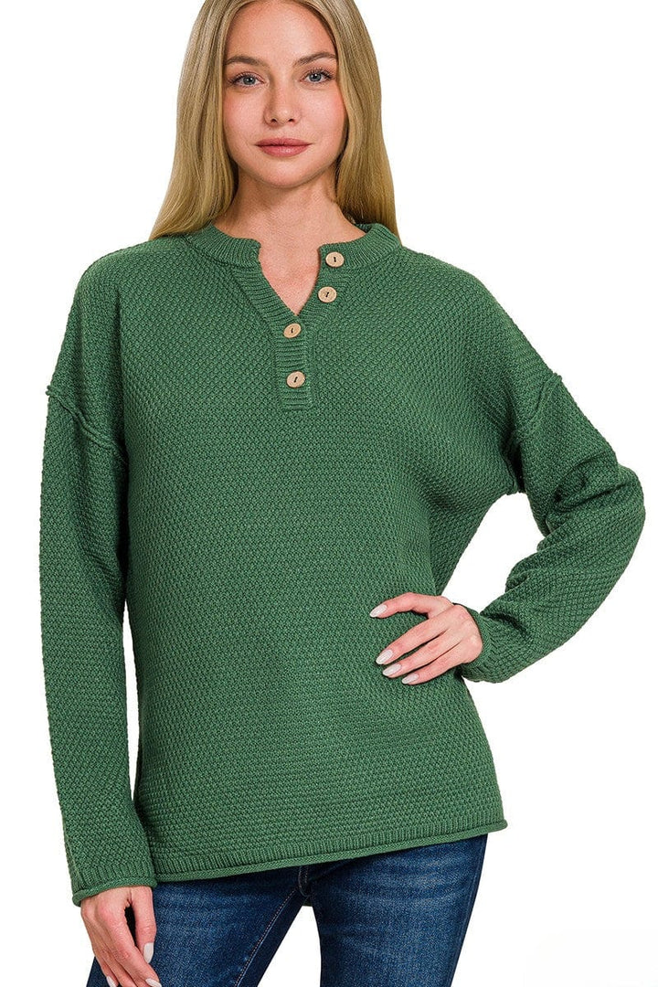 Zenana 4 Button Henley Neckline Waffle Sweater