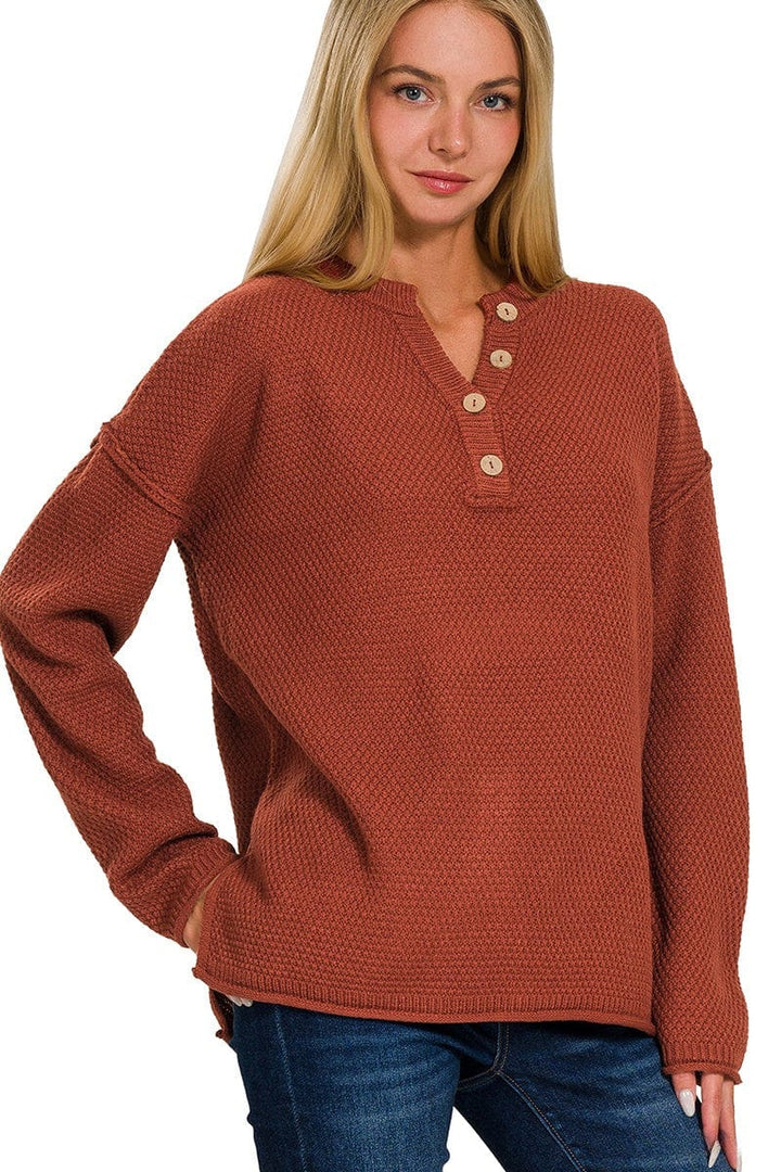 Zenana 4 Button Henley Neckline Waffle Sweater