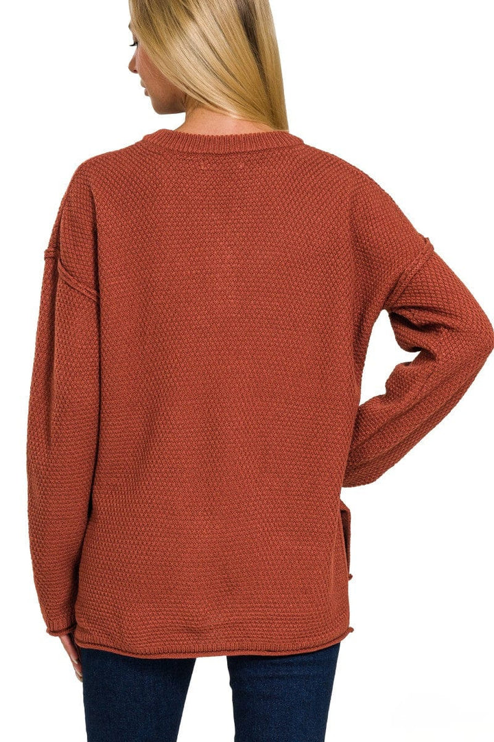 Zenana 4 Button Henley Neckline Waffle Sweater