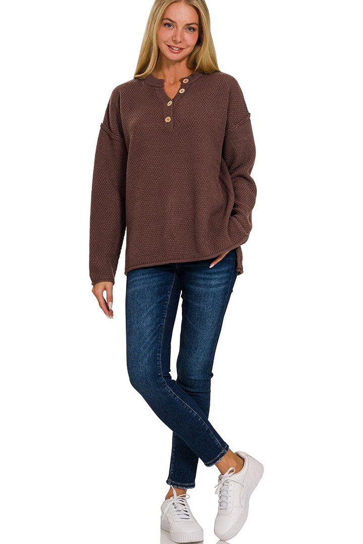 Zenana 4 Button Henley Neckline Waffle Sweater