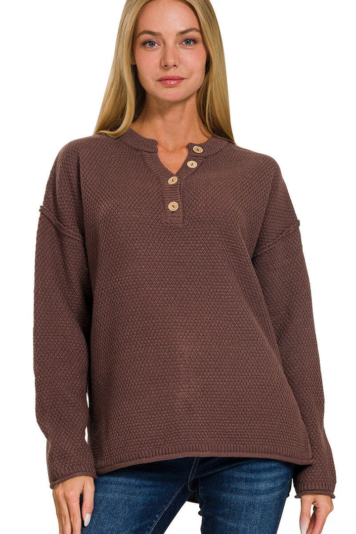 Zenana 4 Button Henley Neckline Waffle Sweater