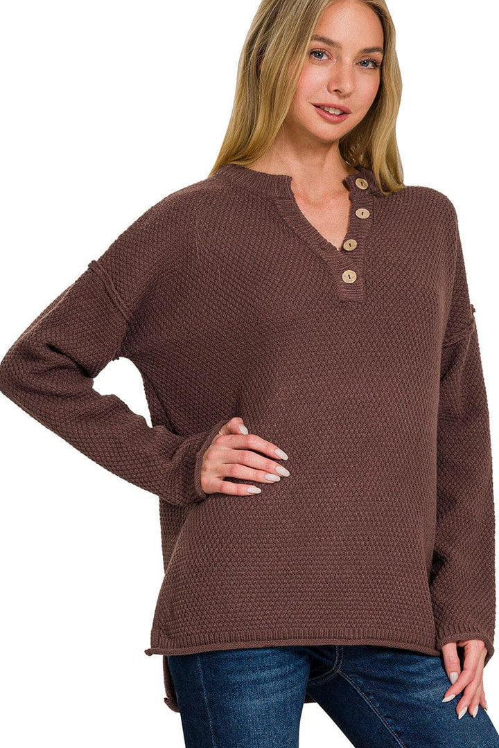 Zenana 4 Button Henley Neckline Waffle Sweater