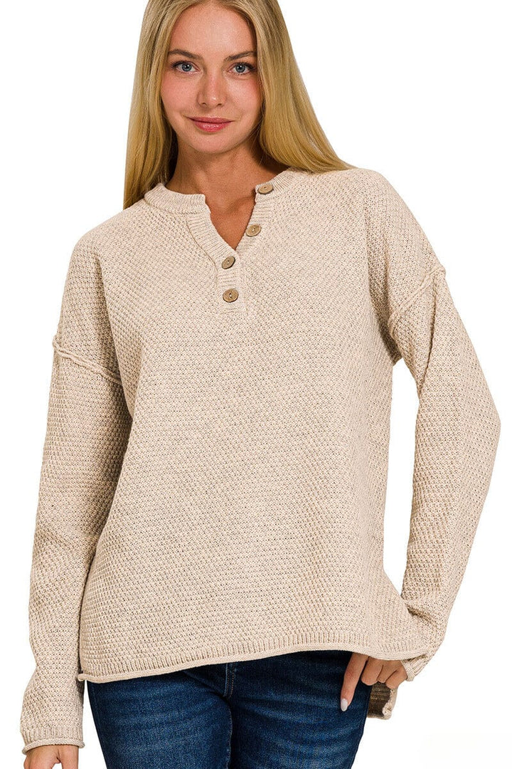 Zenana 4 Button Henley Neckline Waffle Sweater