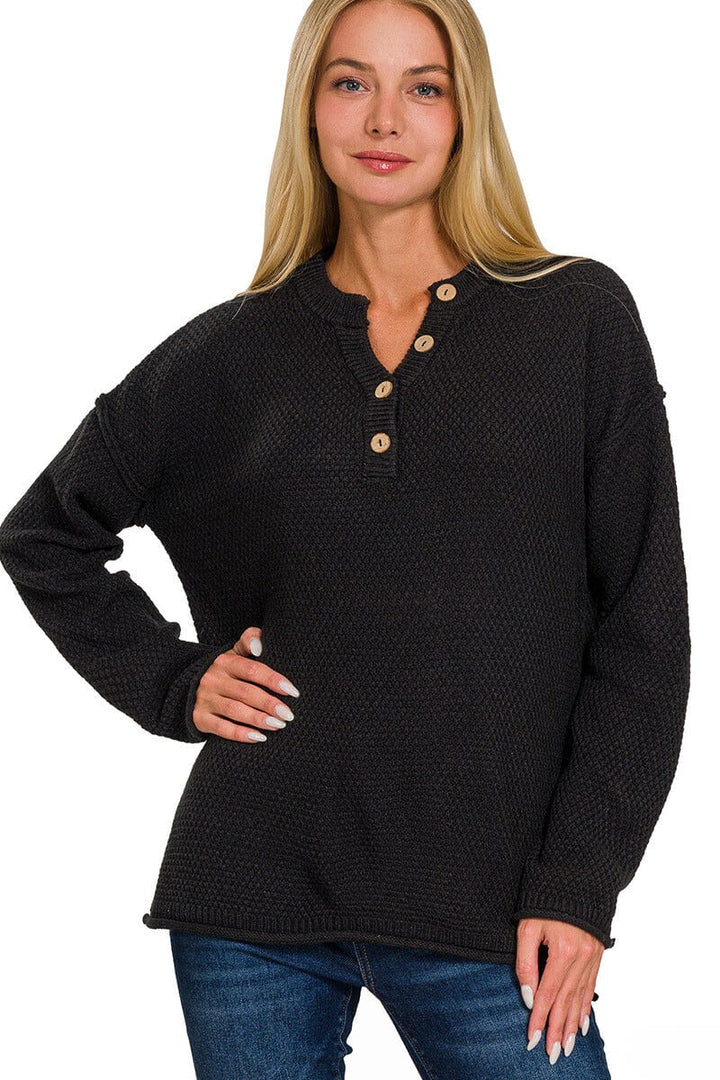 Zenana 4 Button Henley Neckline Waffle Sweater