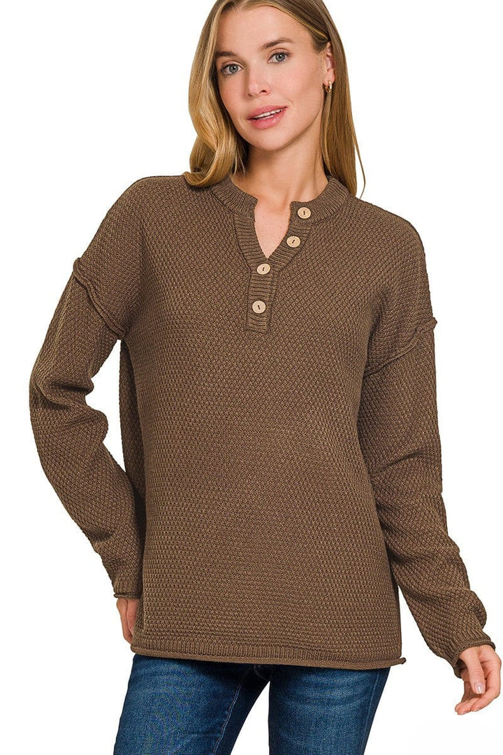 Zenana 4 Button Henley Neckline Waffle Sweater