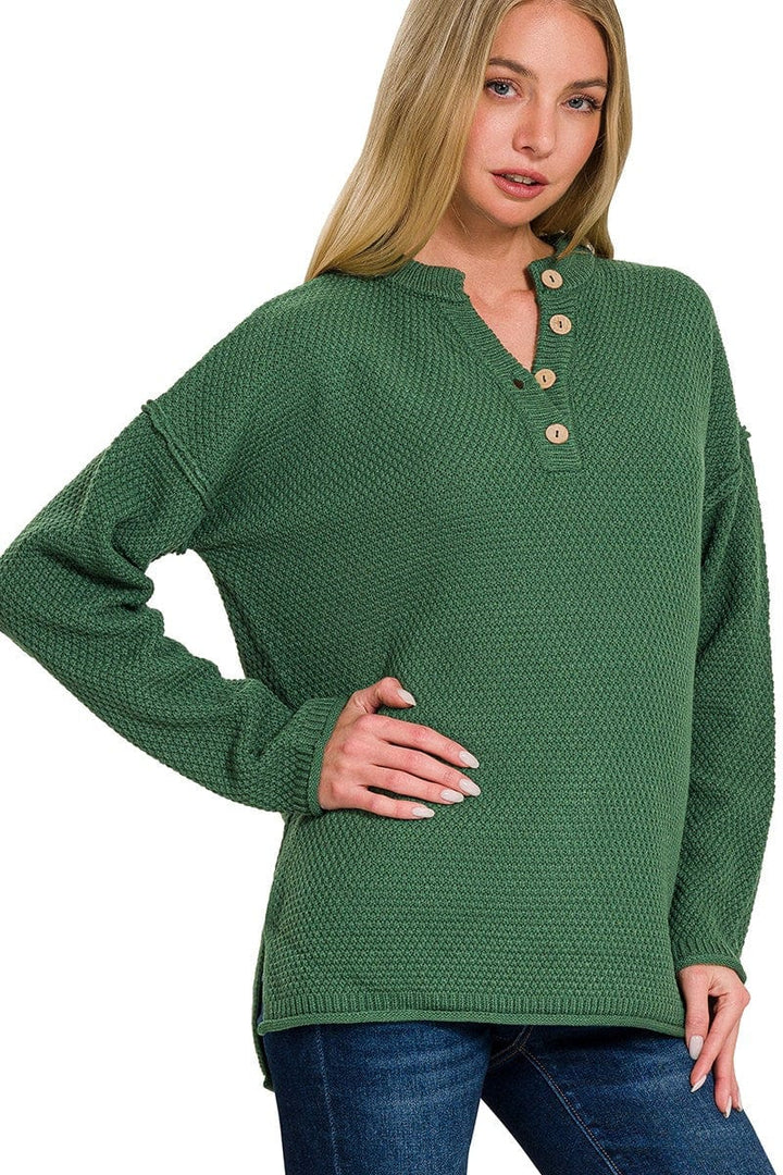 Zenana 4 Button Henley Neckline Waffle Sweater