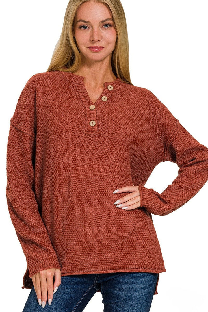 Zenana 4 Button Henley Neckline Waffle Sweater
