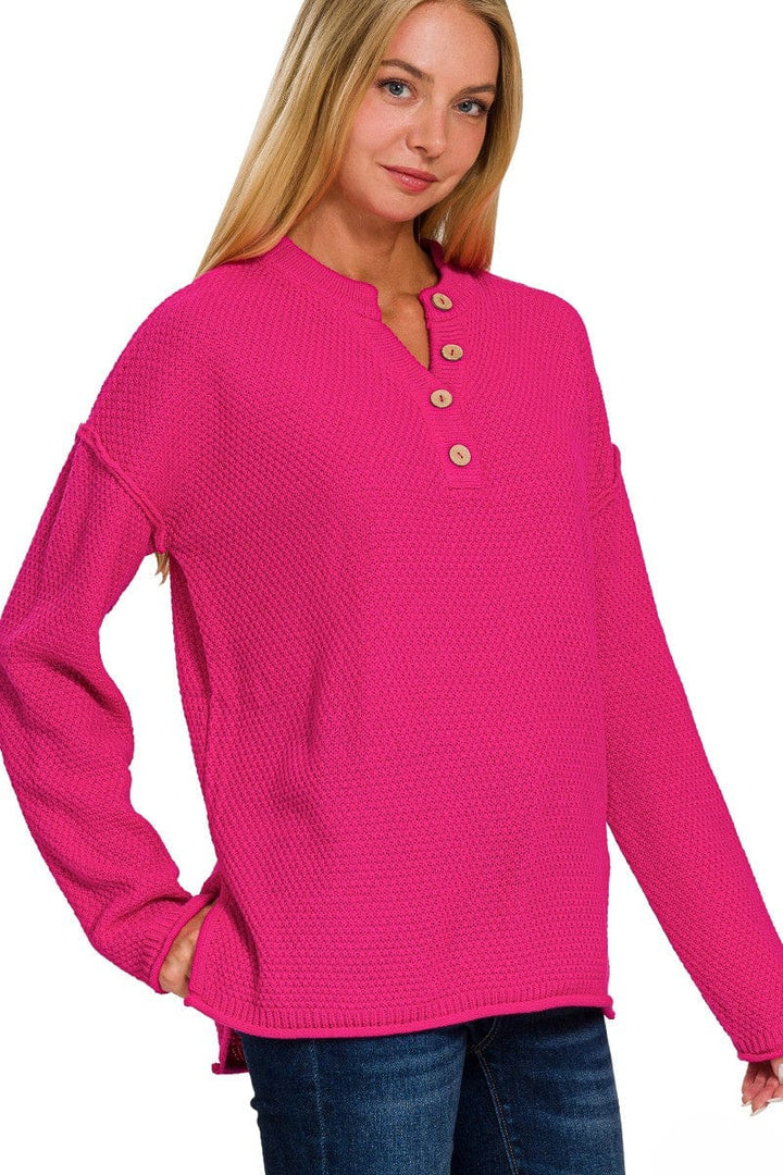 Zenana 4 Button Henley Neckline Waffle Sweater