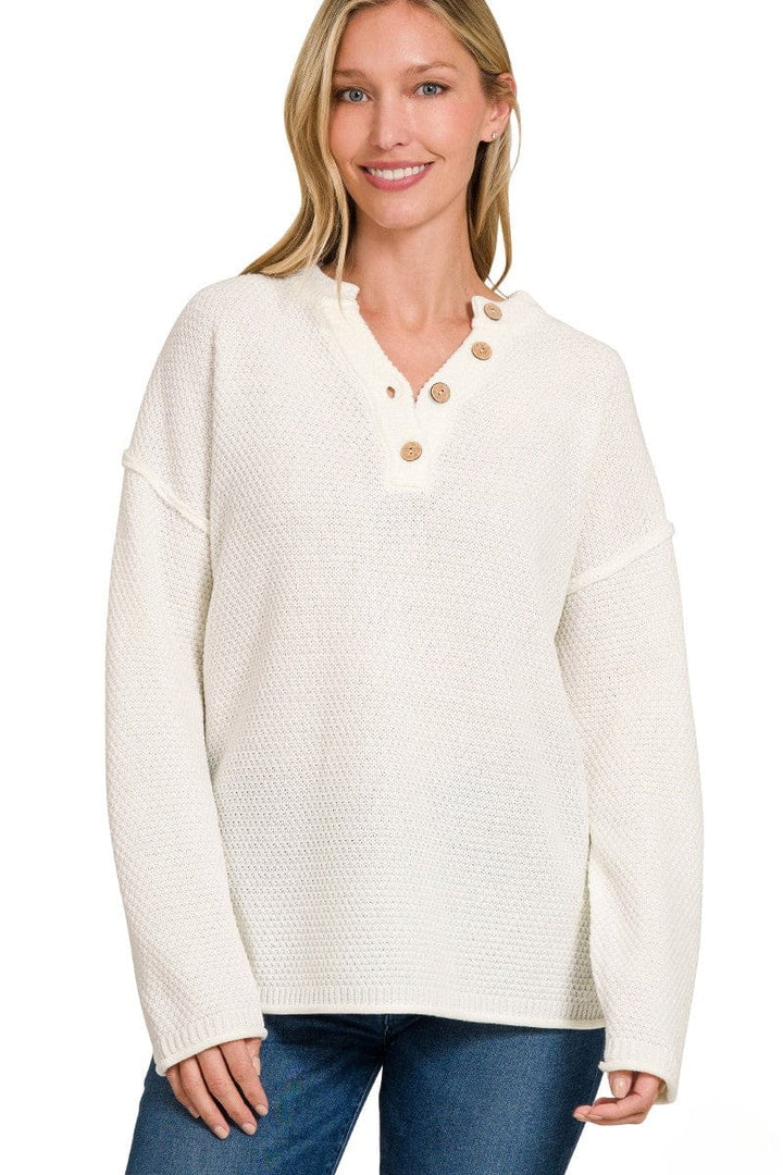 Zenana 4 Button Henley Neckline Waffle Sweater