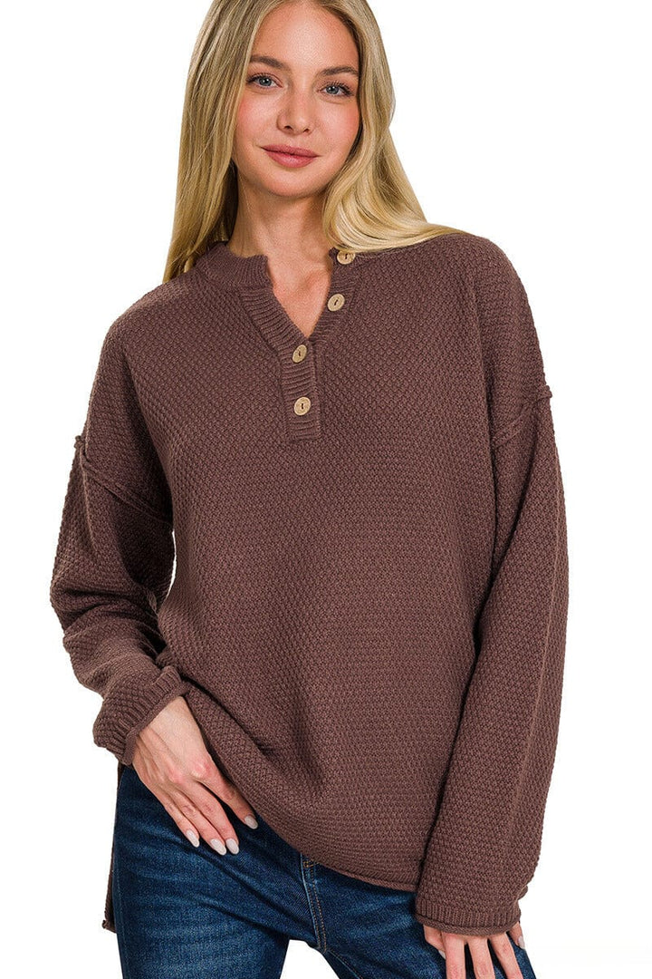 Zenana 4 Button Henley Neckline Waffle Sweater