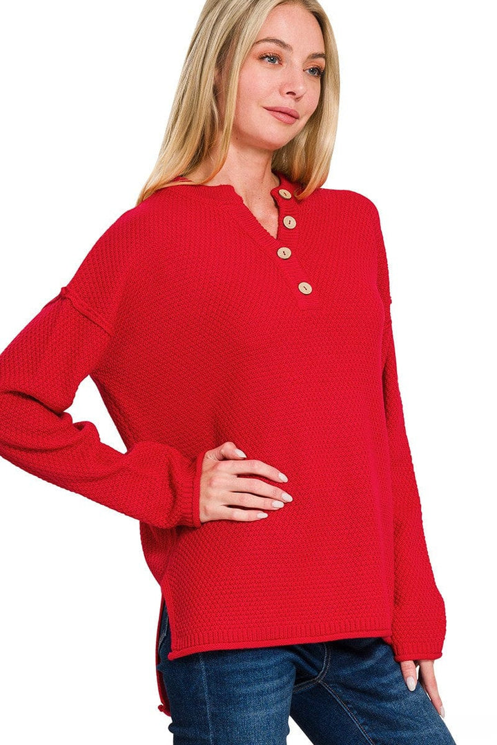 Zenana 4 Button Henley Neckline Waffle Sweater