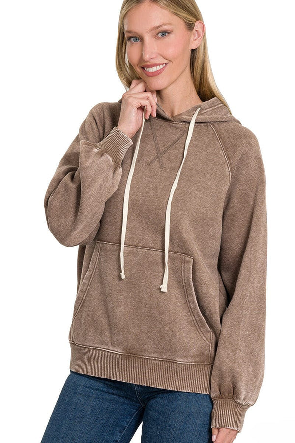 Zenana Acid Wash Fleece Hoodie with Pockets