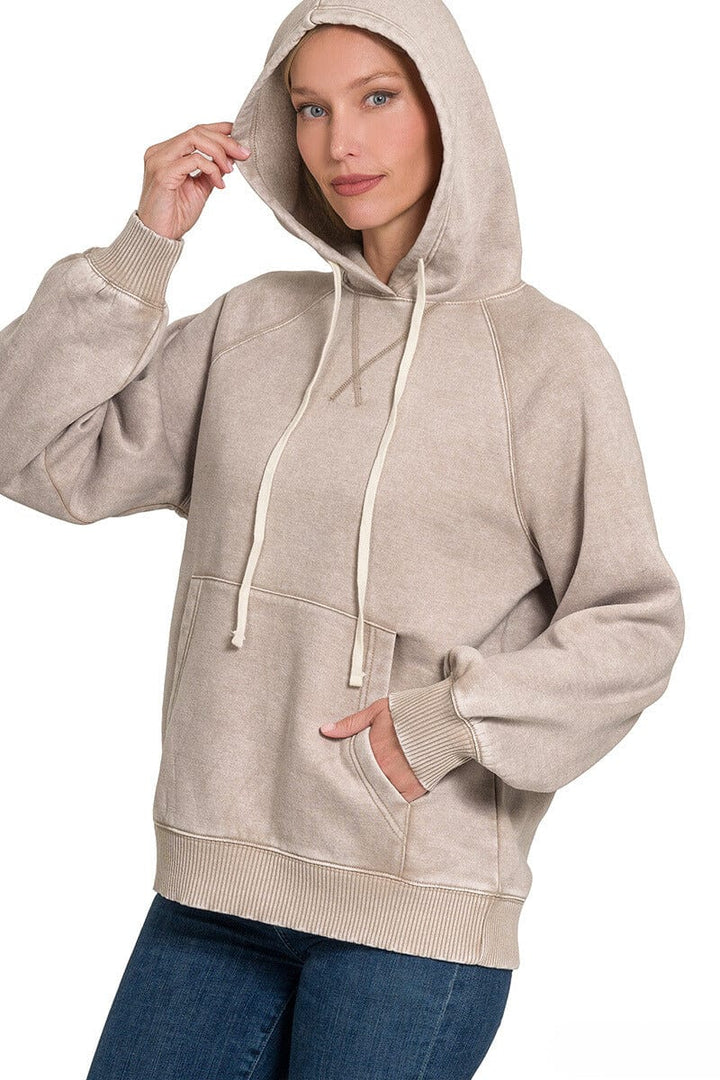 Zenana Acid Wash Fleece Hoodie with Pockets