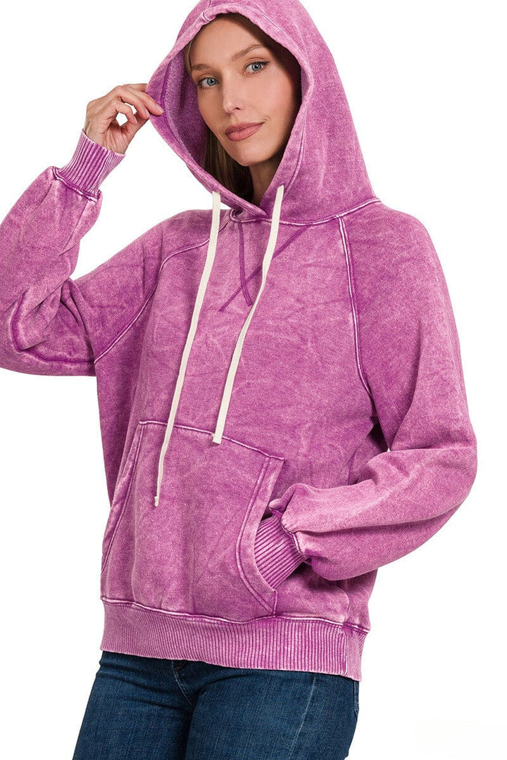 Zenana Acid Wash Fleece Hoodie with Pockets