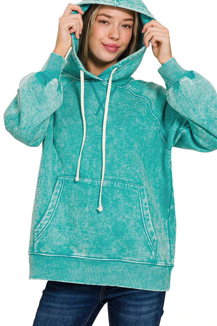 Zenana Acid Wash Fleece Hoodie with Pockets