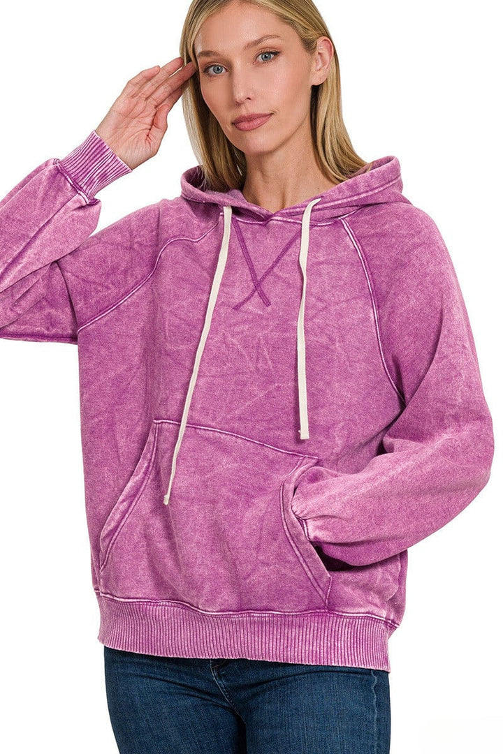 Zenana Acid Wash Fleece Hoodie with Pockets