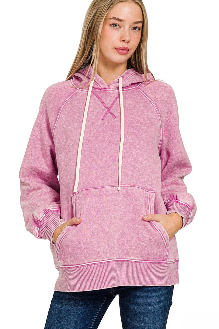 Zenana Acid Wash Fleece Hoodie with Pockets