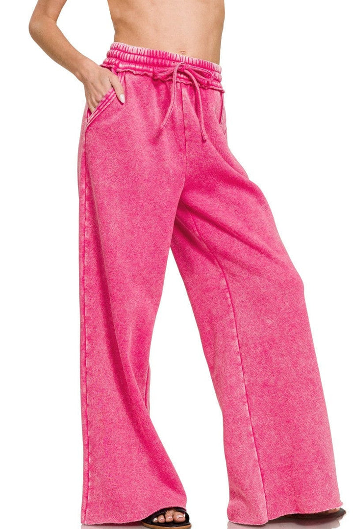 Zenana Acid Wash Fleece Palazzo Sweatpants with Pockets