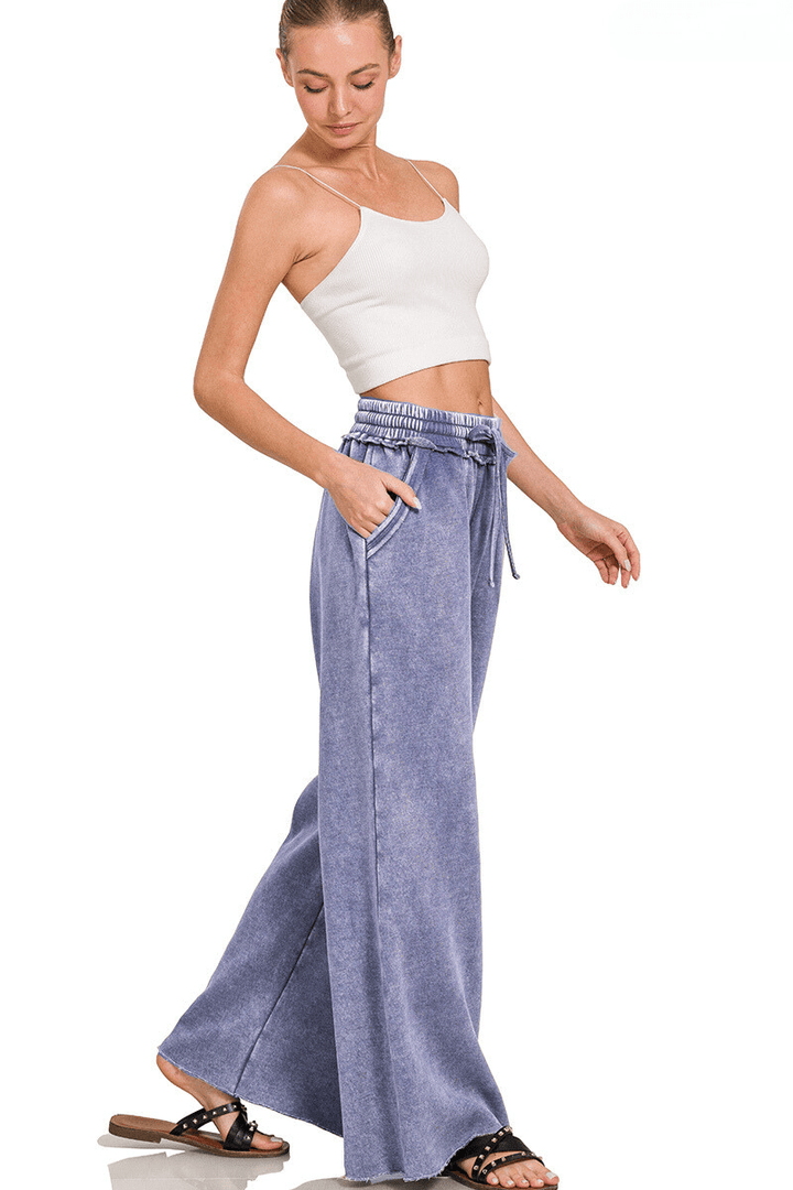 Zenana Acid Wash Fleece Palazzo Sweatpants with Pockets