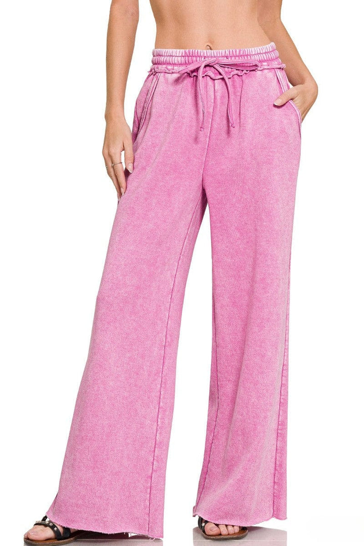 Zenana Acid Wash Fleece Palazzo Sweatpants with Pockets