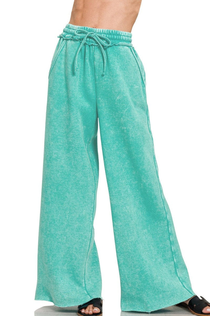 Zenana Acid Wash Fleece Palazzo Sweatpants with Pockets