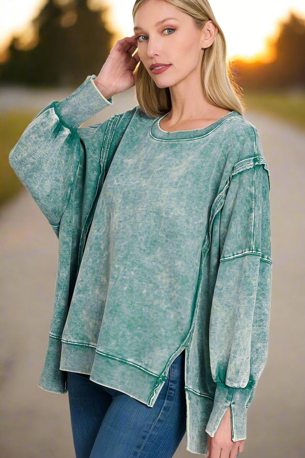 Zenana Acid Wash French Terry Exposed Seam Sweatshirt