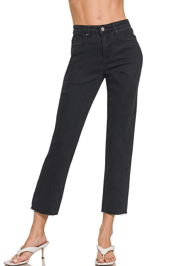 Zenana Acid Wash High Waist Cropped Straight Leg Jeans