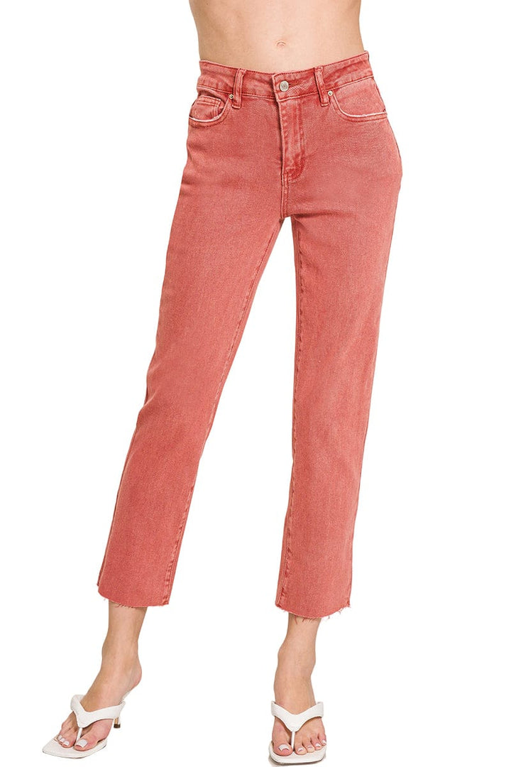 Zenana Acid Wash High Waist Cropped Straight Leg Jeans