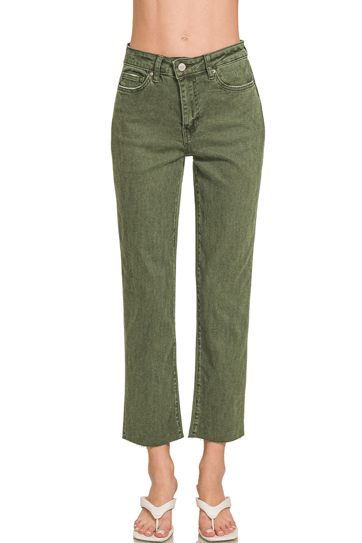 Zenana Acid Wash High Waist Cropped Straight Leg Jeans