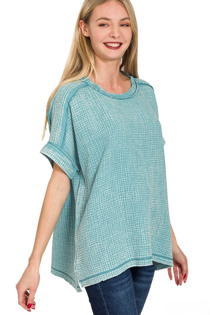 Zenana Acid Washed Double Gauze Round Neckline Cuffed Short Sleeve Top