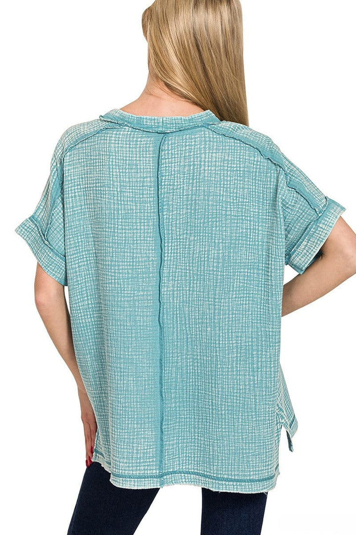 Zenana Acid Washed Double Gauze Round Neckline Cuffed Short Sleeve Top