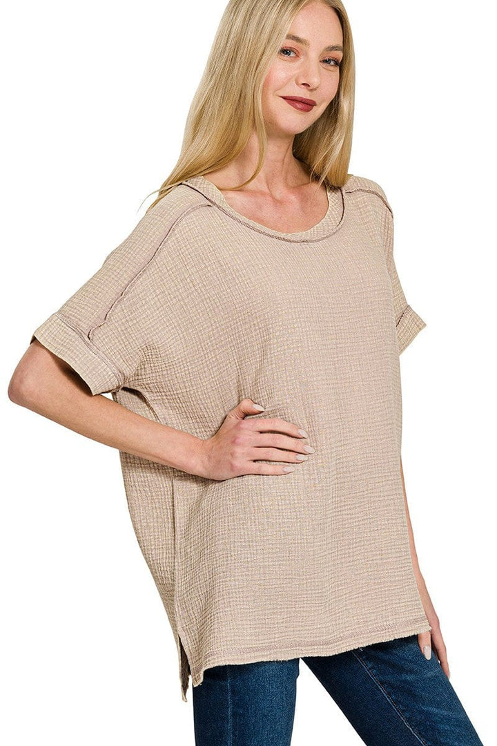 Zenana Acid Washed Double Gauze Round Neckline Cuffed Short Sleeve Top