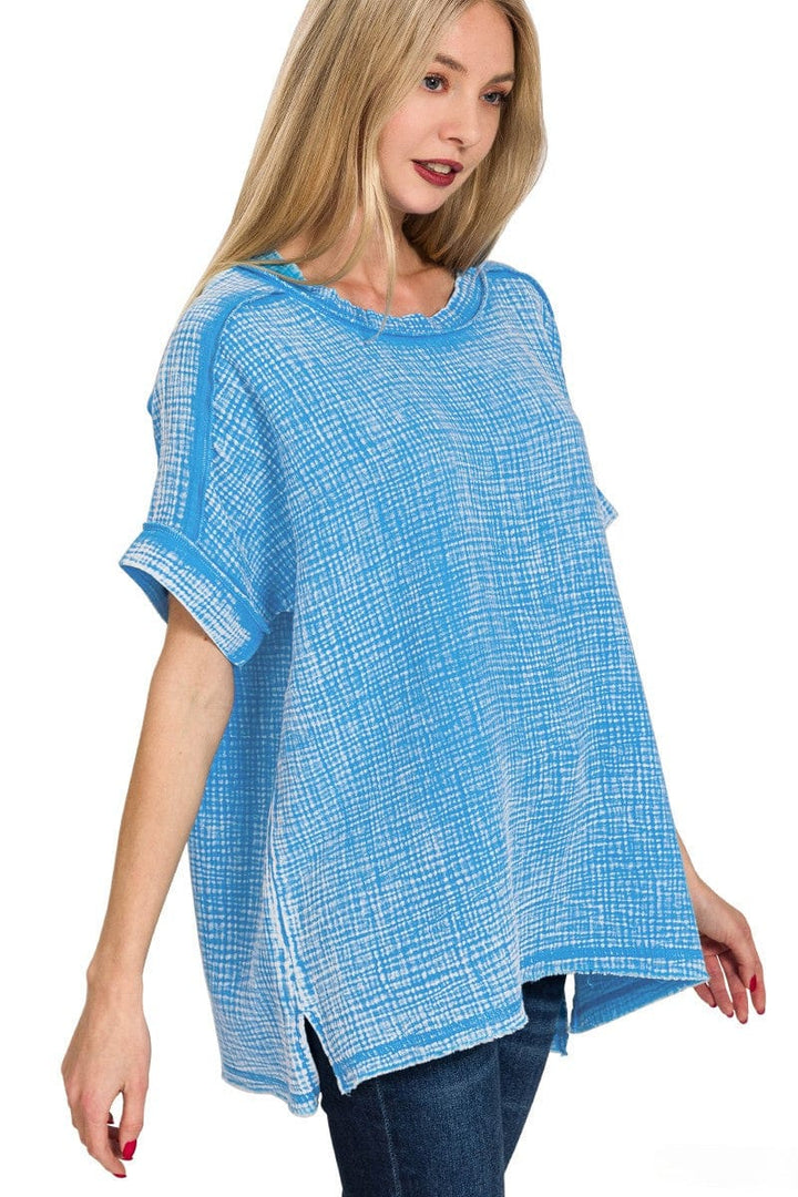 Zenana Acid Washed Double Gauze Round Neckline Cuffed Short Sleeve Top
