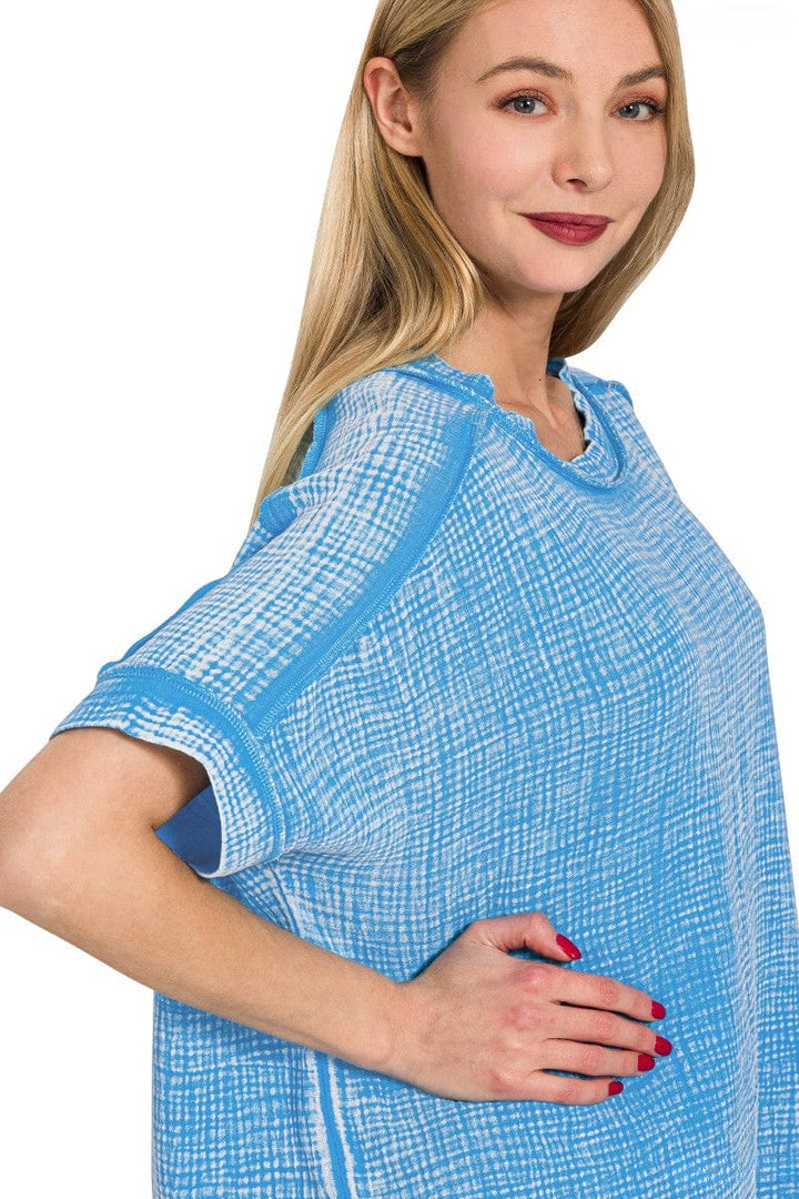 Zenana Acid Washed Double Gauze Round Neckline Cuffed Short Sleeve Top