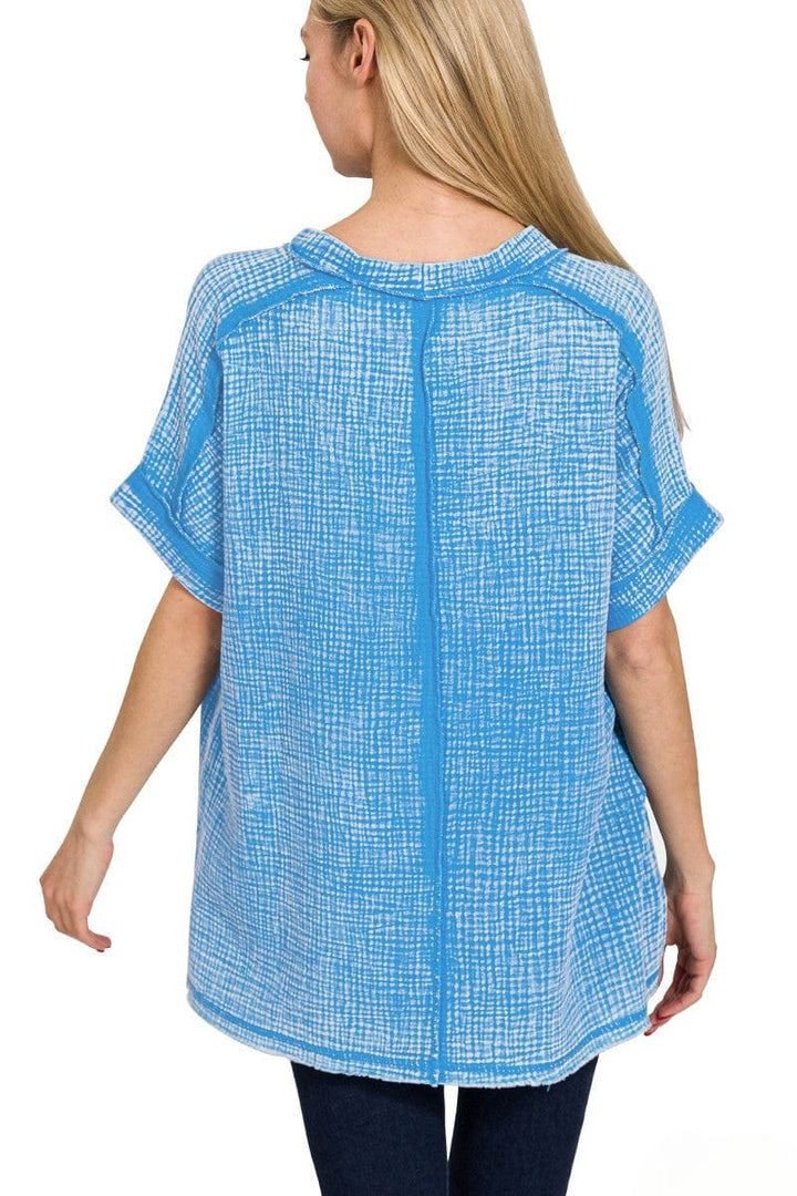 Zenana Acid Washed Double Gauze Round Neckline Cuffed Short Sleeve Top