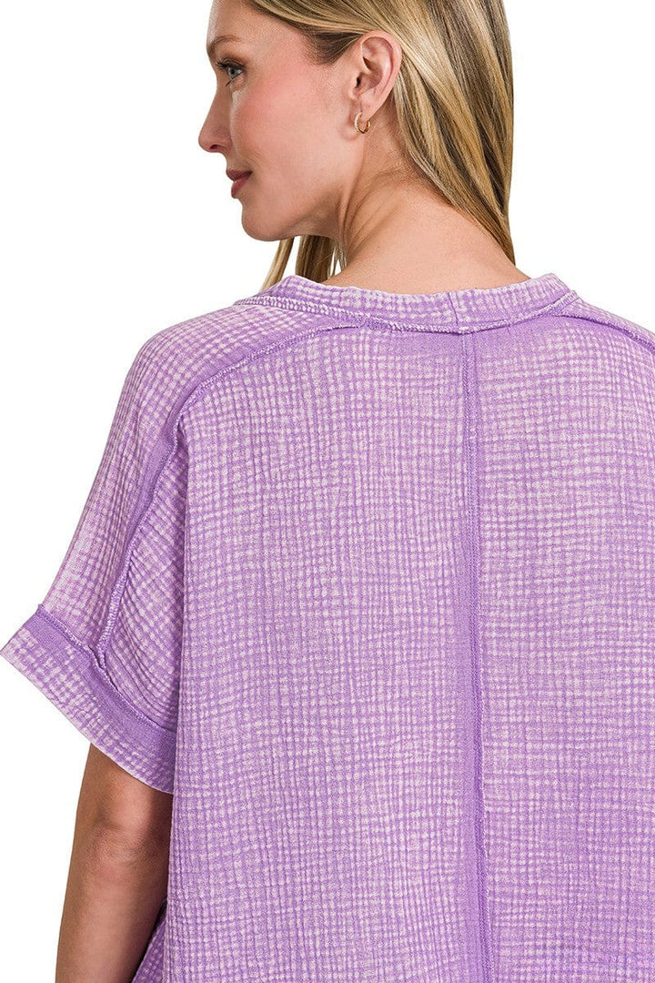 Zenana Acid Washed Double Gauze Round Neckline Cuffed Short Sleeve Top