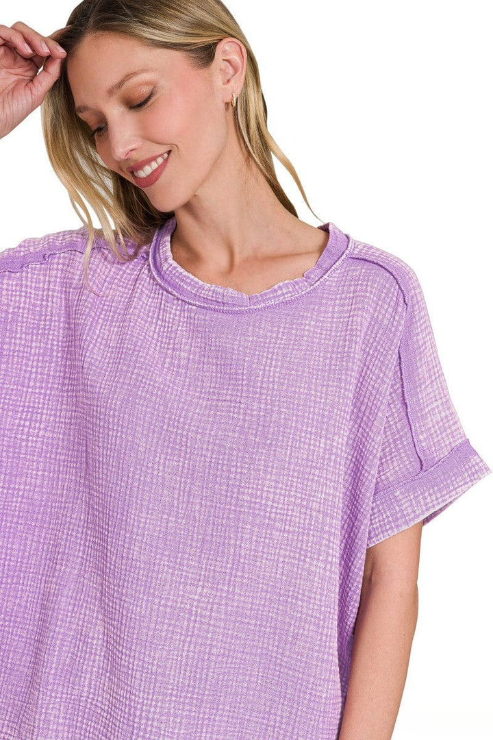 Zenana Acid Washed Double Gauze Round Neckline Cuffed Short Sleeve Top