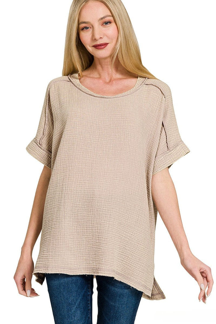 Zenana Acid Washed Double Gauze Round Neckline Cuffed Short Sleeve Top
