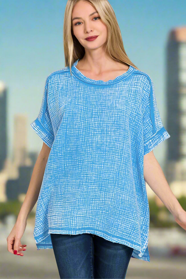 Zenana Acid Washed Double Gauze Round Neckline Cuffed Short Sleeve Top