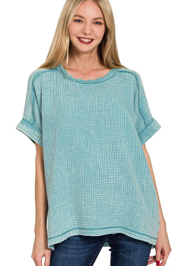 Zenana Acid Washed Double Gauze Round Neckline Cuffed Short Sleeve Top