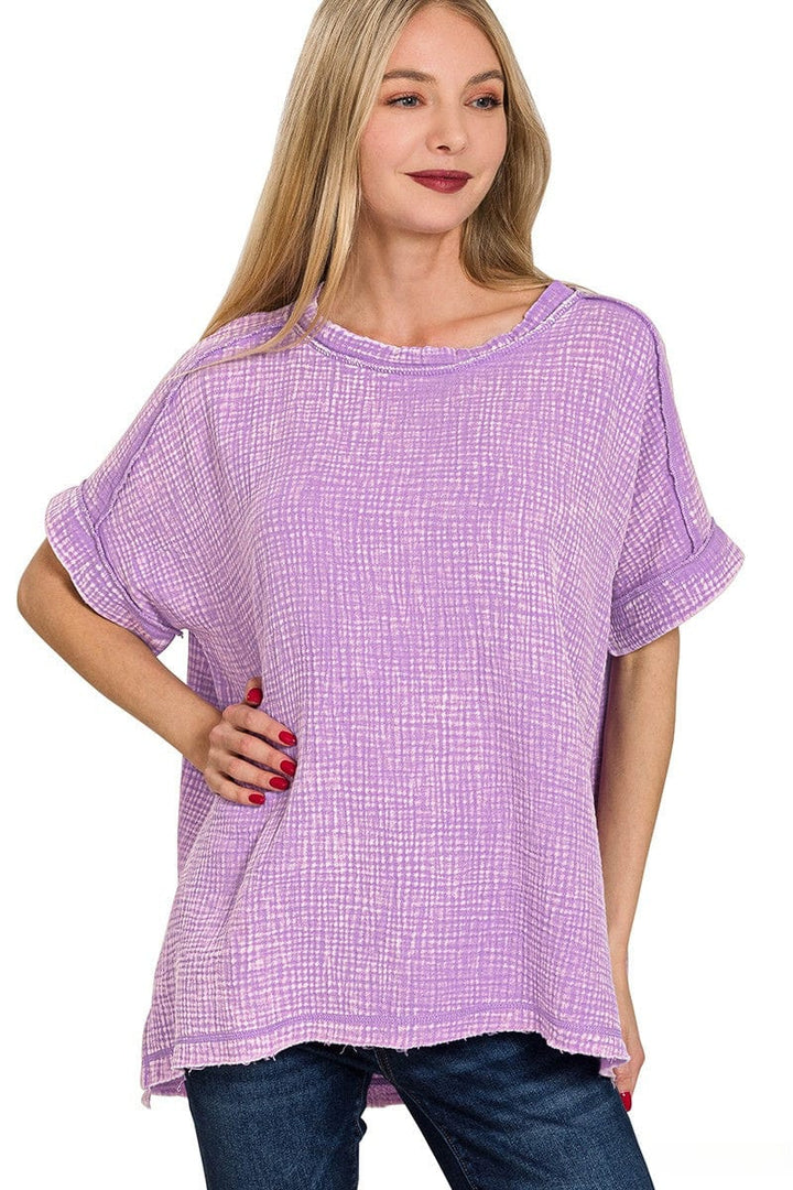 Zenana Acid Washed Double Gauze Round Neckline Cuffed Short Sleeve Top
