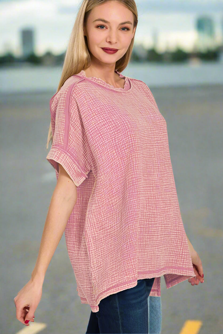 Zenana Acid Washed Double Gauze Round Neckline Cuffed Short Sleeve Top