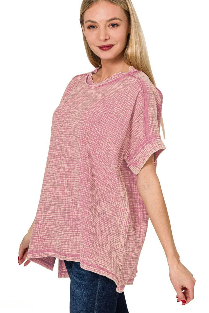 Zenana Acid Washed Double Gauze Round Neckline Cuffed Short Sleeve Top