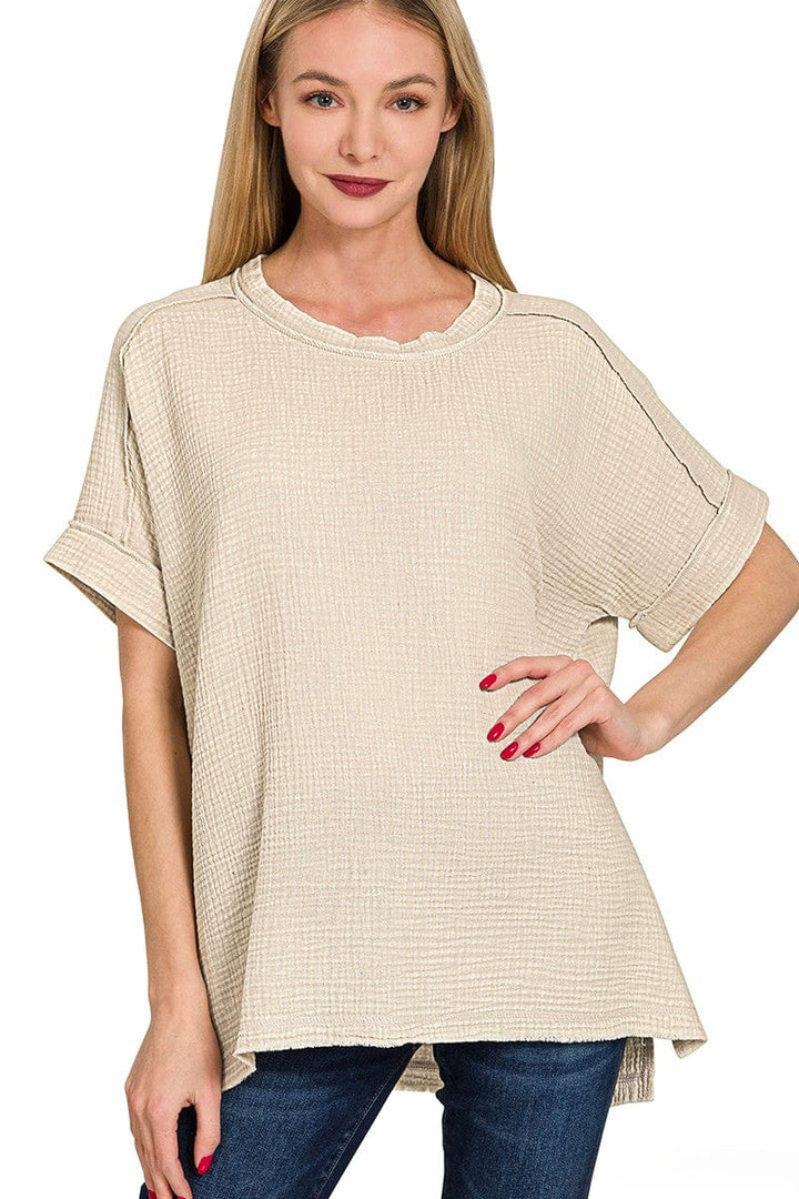 Zenana Acid Washed Double Gauze Round Neckline Cuffed Short Sleeve Top