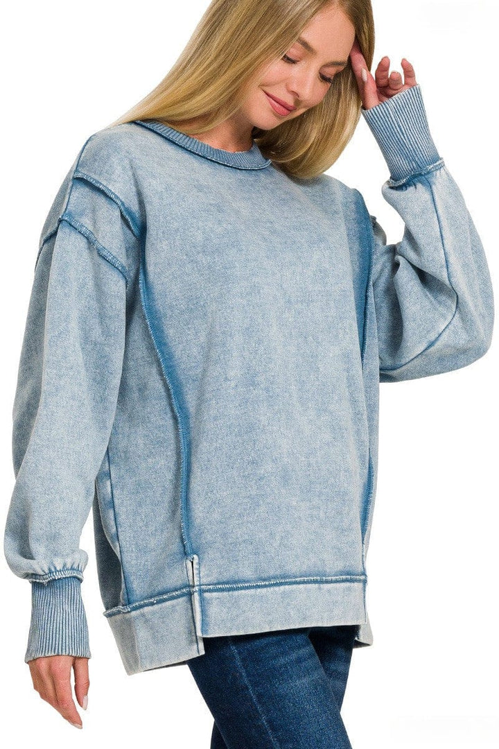 Zenana Acid Washed Exposed Seam Fleece Crew Neck Sweatshirt with Split Sleeves